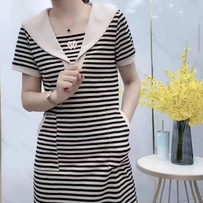 Fake Zweiteiler Koreanisches Gestreiftes Midi-Kleid Sommer Mode Matrosenkragen Damenbekleidung A-Linie Kurzarm Basic Freizeitkleider