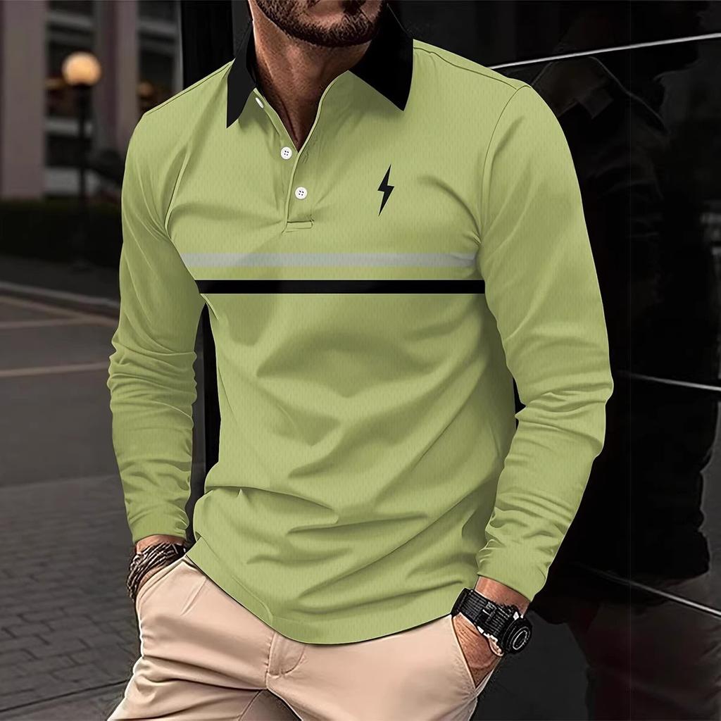 Lässiges Herren-Poloshirt mit langen Ärmeln, atmungsaktiv und bequem, geeignet für gestreifte Druckgrafiken und Golfer-Gra