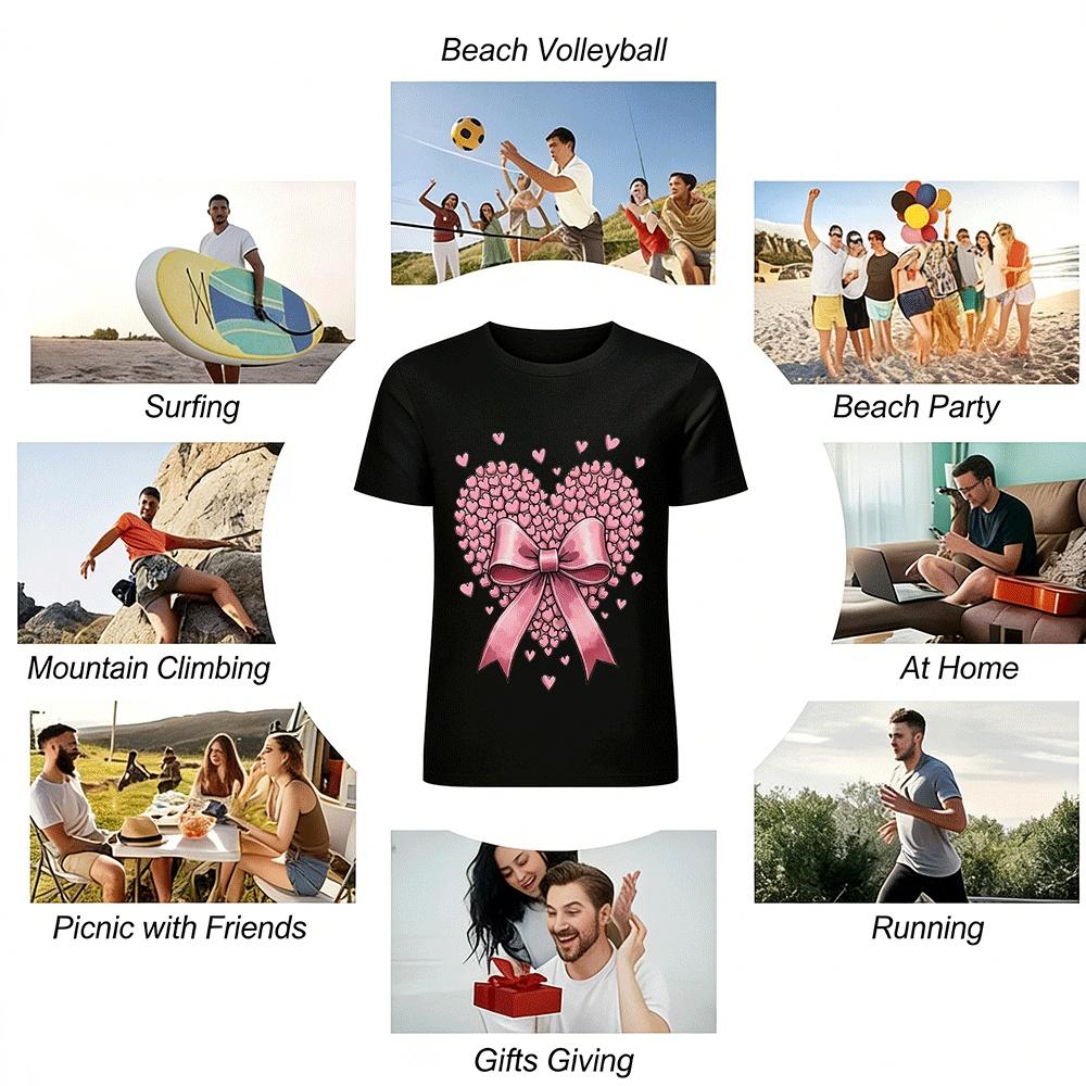 Sweet Style Casual Top With Heart Bow All Over Print Pure Cotton T-shirt