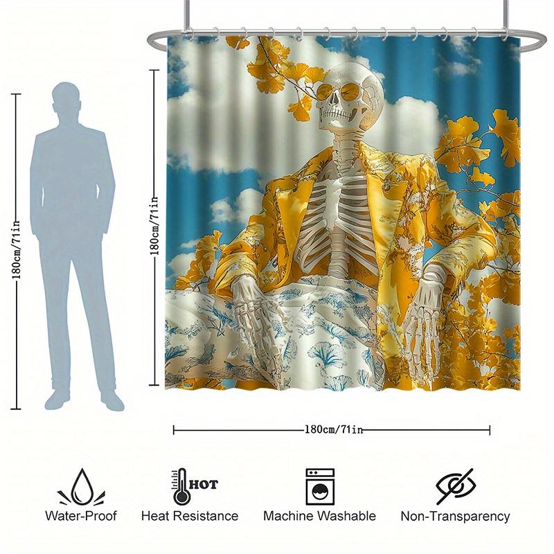 Fantasy Skeleton Bath Curtain, Whimsical Art, 12 Hooks, Water-Resistant, Fashion Outfit Design, Modern Bath Decor
