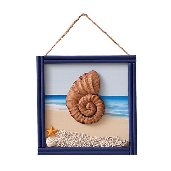 Wood Beach Framed Wall Art Coastal Ocean Theme Wall Hanging Sign with Steer Wheel Conch Sailboat for Bathroom Bedroom Living Room Decor