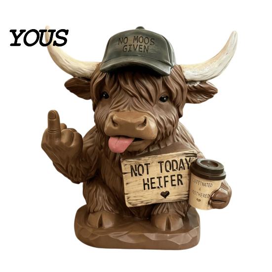 Resin Ornaments Highland Cow Desk Statue, Funny Middle Finger Figurine with Coffee Cup & Sassy Sign, Detailed Carvings Cute Farmhouse Desktop