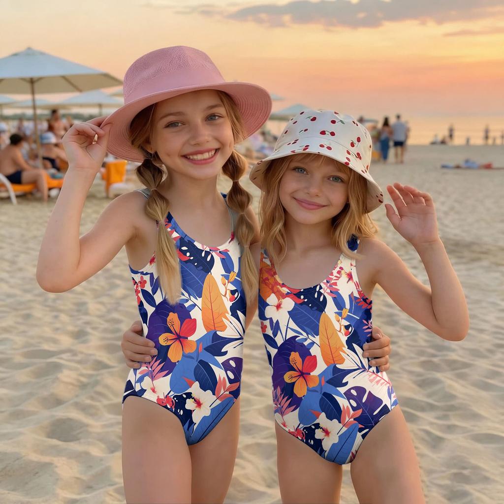 Girls One Piece Swimsuit Hawaiian Floral Print Summer Swimwear Kids Casual Beachwear Pool Outfit for Children