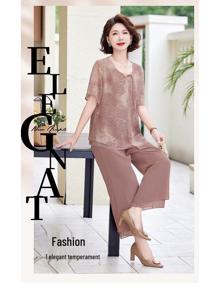 Summer 2025 Chiffon T-shirt & Blouse Set for Middle-Aged & Elderly Women - Fashionable Short-Sleeve Two-Piece