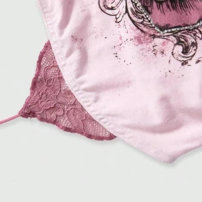 2KWEIRD Vintage Zweifarbige Spitze Neckholder Print Tanktops Spicy Girl Schlank Riemenlos Crop Top Sexy Oberbekleidung Y2k Ästhetik Harajuku Westen