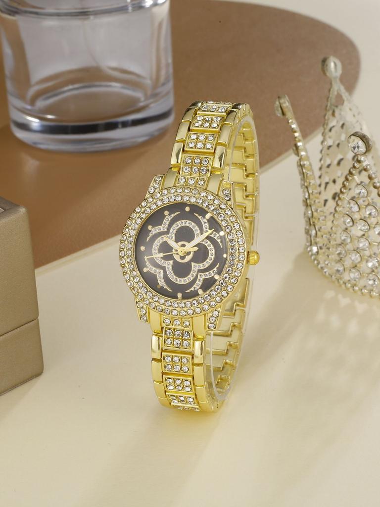 Ladies Fashion Exquisite Diamond Point Dial Full Diamond Steel Band Quartz Watch + Roman Bracelet Combination Set.