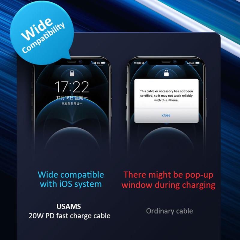 USAMS Cablu de date de încărcare rapidă de 1,2 m/2 m PD 20 W tip C la cablu de telefon Lightning pentru iPhone 13 12 11 Pro Max X Xr Xs 8 7 6 Plus