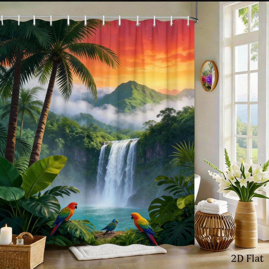 Desert Sunset Shower Curtain Cactus Landscape Print with Snowy Mountains Polyester Bath Curtain with Hooks for Boho Decor