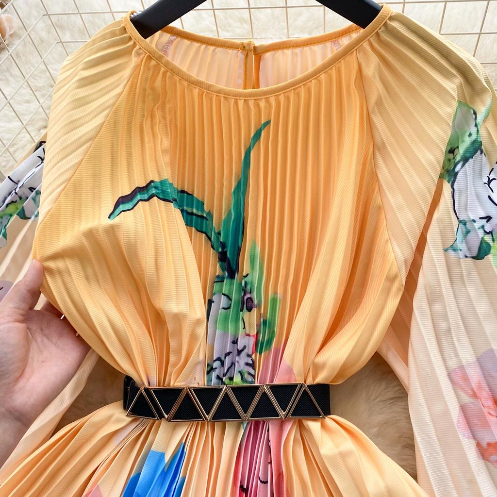 Spring Autumn Women Print Loose Pleated Dress Half Sleeve Oversized Long Maxi Robe