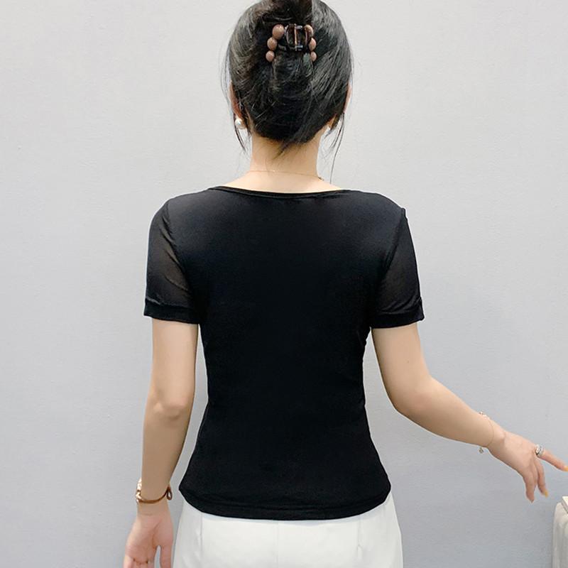New European Sweet Women's Clothes T-shirt Chic Shiny Hot Diamonds Mesh Tees Sexy Square Neck Short Sleeve Female Summer Tops