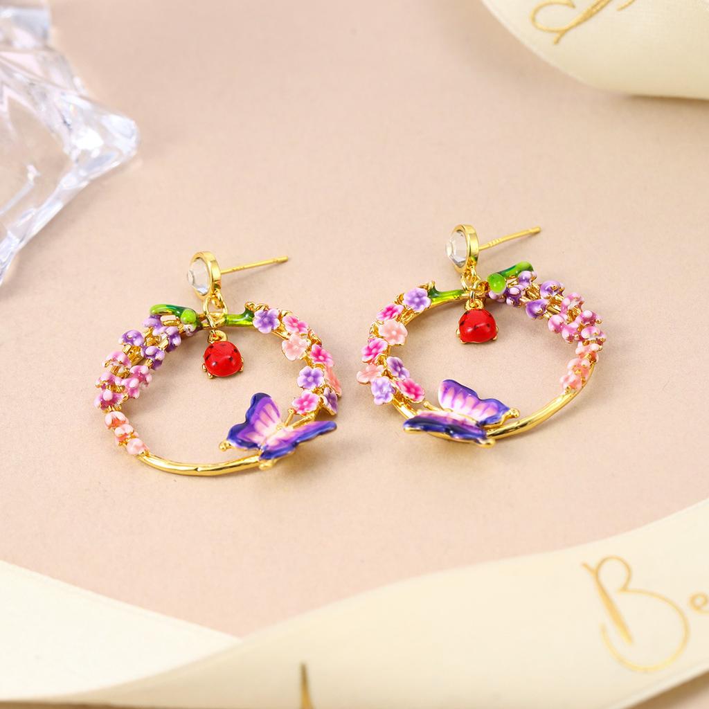 Fashion Enamel Colored Wreath Exquisite Flower Earrings Dripping Oil Color Sweet Spring and Summer Butterfly Temperament Silver Needle Earrings