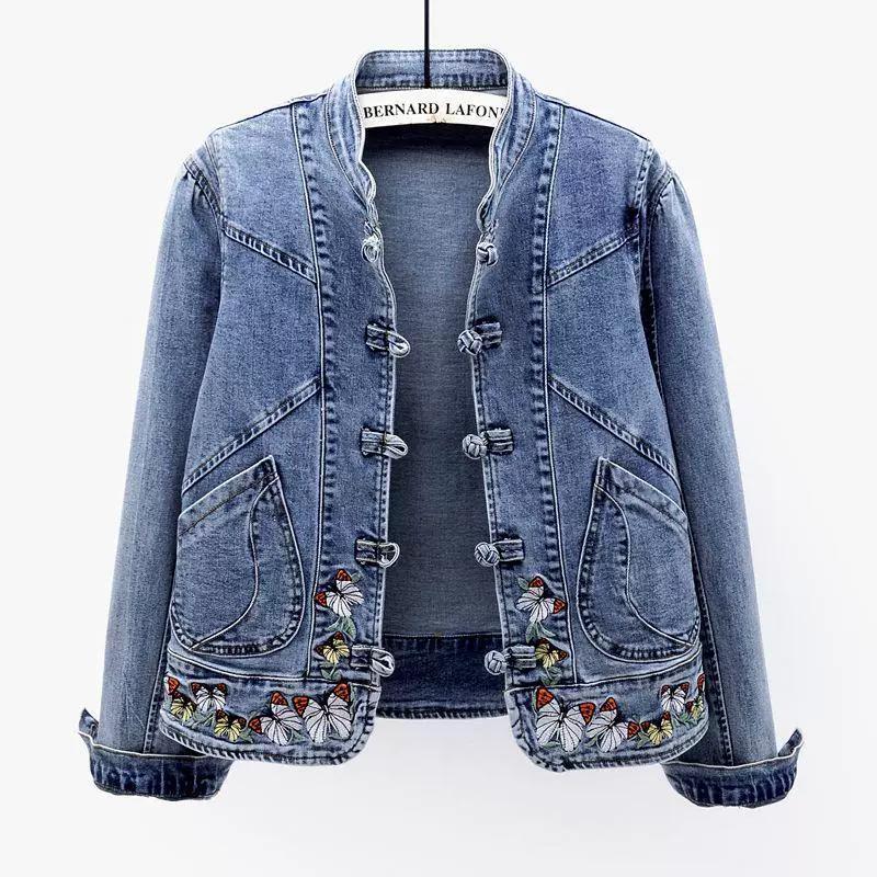 Giacca in Denim Elasticizzato Ricamata Primavera Autunno Donna Giacca Basic Moda Femminile Bomber Jean Capispalla