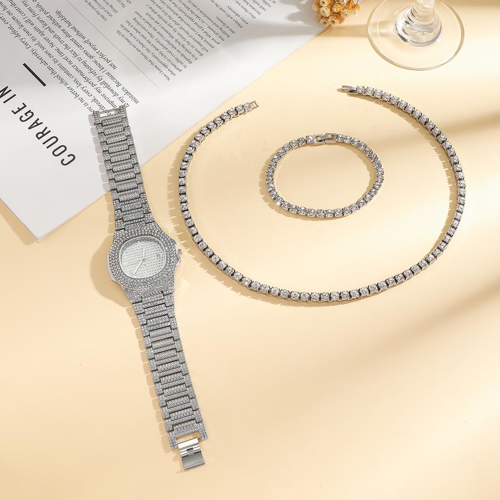 No Gift Box; Silver-gray Ladies' Quartz Watch Strap with Diamond Jewelry Set of Three Pieces, Suitable for Holiday Gifts.