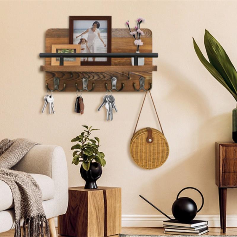 Wooden Wall Key Holder with 5 Hooks Mail Organizer with Shelf Home Decor for Entryway Hallway