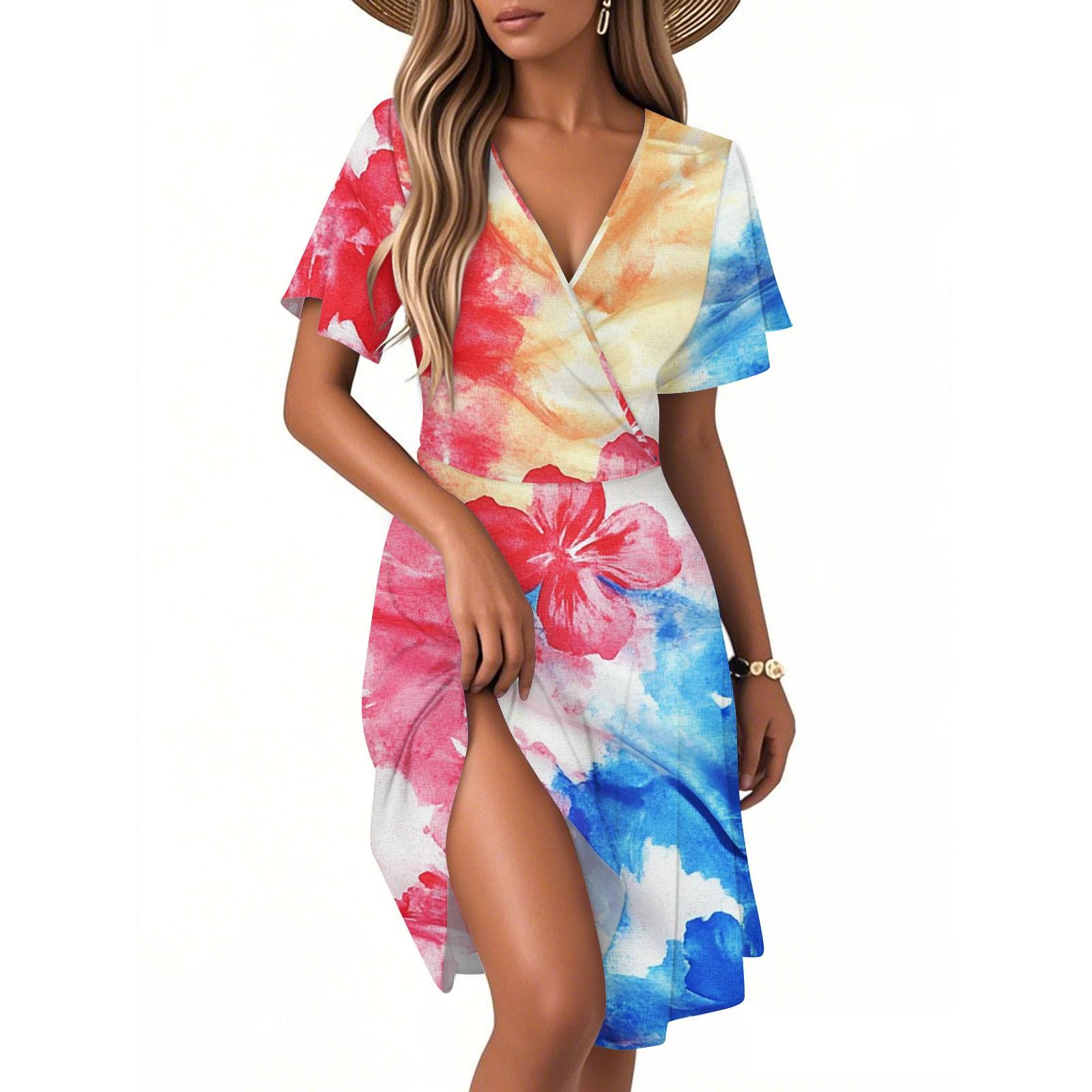 

Женское повседневное модное платье с винтажным цветочным принтом и коротким рукавом и V-образным вырезом XXL розовый