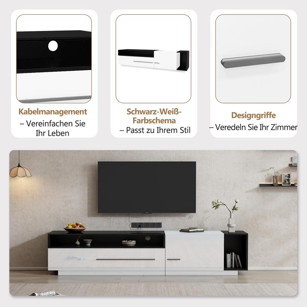 Hochglanz, TV Board Lowboard Schublade, Tür offenem Fach, Eleganter TV-ständer Fernseher bis zu 70 Zoll, Esszimmer, 170cm, Weiß & Schwarz