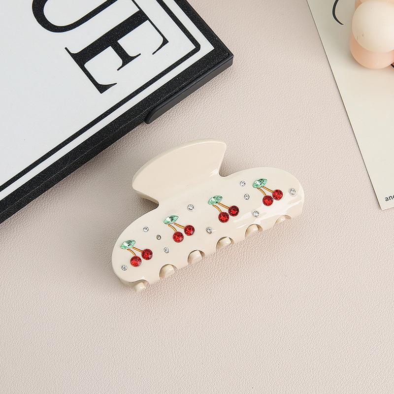 Women Cute French Retro Shark Clip Acetate Cherry Colored Rhinestone Seamless Grab Clip Female Hair Claw Headwear