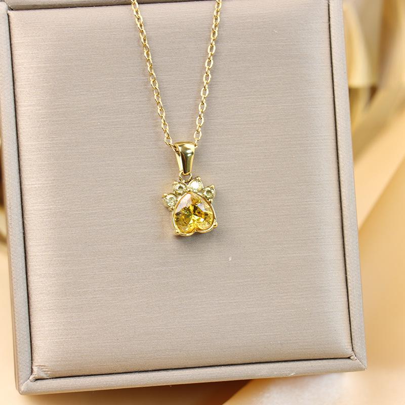 18K Gold-Plated Titanium Cat Paw Pendant Necklace with Colorful Zircon Hearts for Women