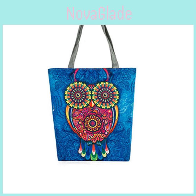 Stylish Women's Canvas Tote Shoulder Handbag Featuring Owl Design For Travel And Shopping