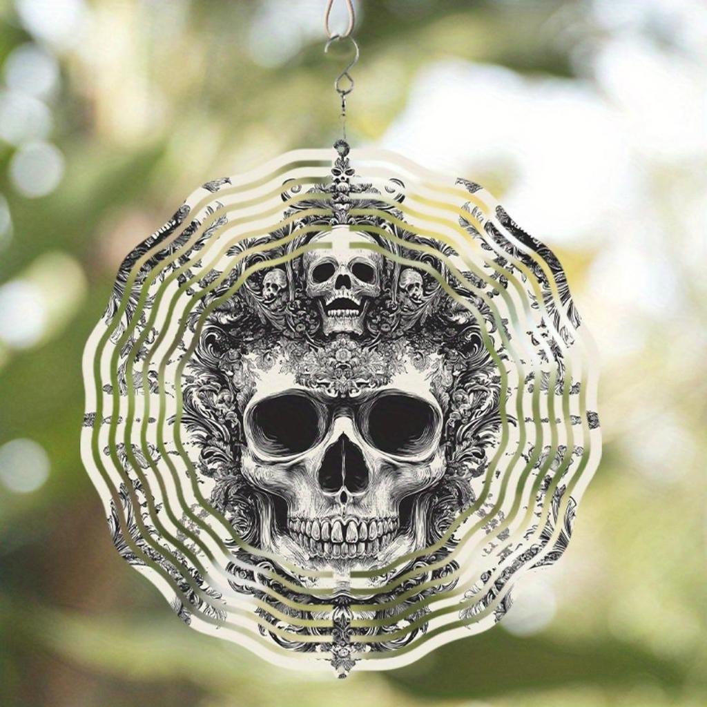 Metal Skull Wind Spinner - Intricate Engraved Design, Outdoor Hanging Decor for Garden and Patio, No Electricity Needed
