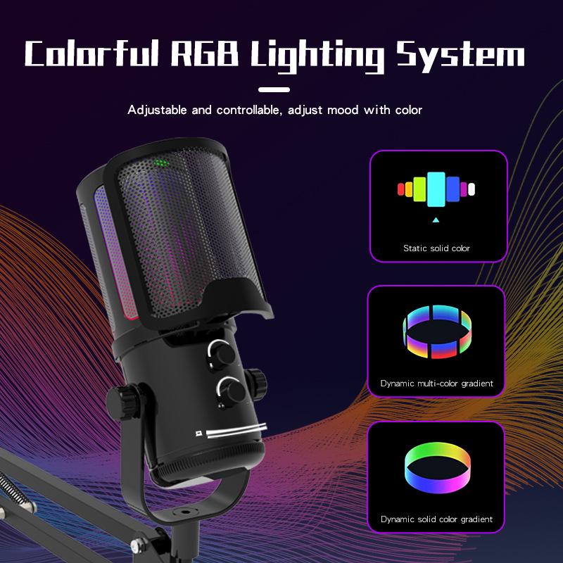 USB Capacitive Microphone with Noise Reduction & RGB Lights for Computer, Phone Recording, Gaming, Streaming & Video
