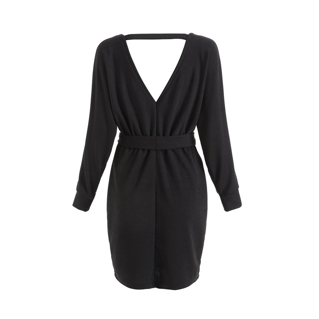 Women's Fashion Knitted Long Sleeve V-Neck Sexy Hip Wrap Warm Sweater Dress