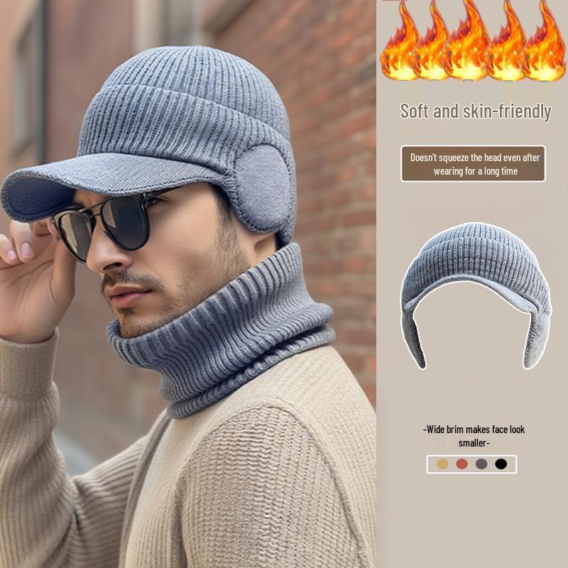 Cappello in Lana Lavorata a Maglia Spessa con Visiera Tipo Duckbill da Uomo Nero - Caldo, Circonferenza Larga, Cappello Autunno/Inverno