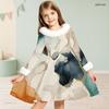 Girls High Neck Long Sleeve Printed Dress Furry Trim Bow A Line Flared Hem