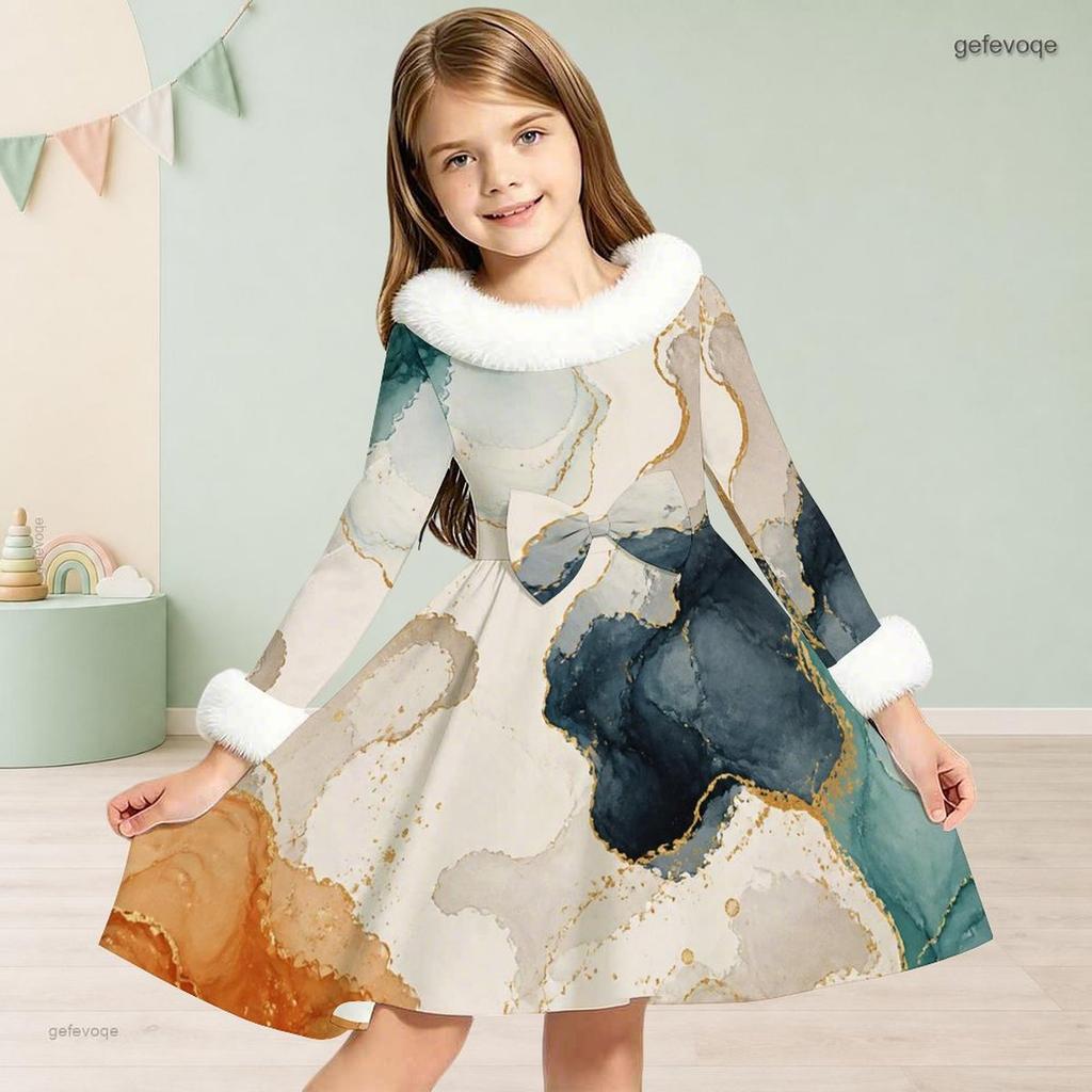 Girls High Neck Long Sleeve Printed Dress Furry Trim Bow A Line Flared Hem