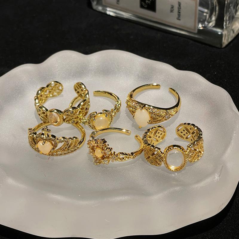 Medieval Retro Moonstone Imitation Opal Exquisite Open Ring Fashionable Zircon Light Luxury High-End Accessories