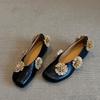 Cowhide Version~ French Retro Flower with Skirt Square Head Flat Sole Single Shoes Women's Shallow Mouth Shoes One Pedal Small Leather Shoes