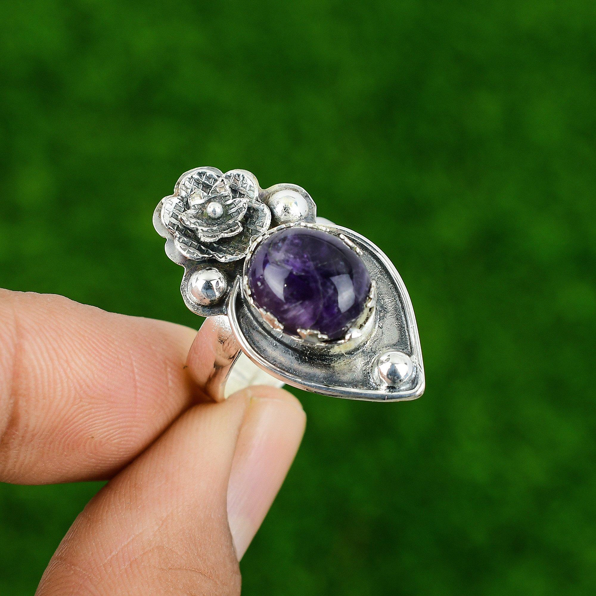 

Кольцо из серебра 925 пробы с натуральным африканским аметистом и другими камнями в виде цветка, регулируемое Adjustable