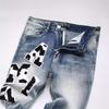 Verwaschene Blaue Distressed Bestickte Herren Skinny Jeans