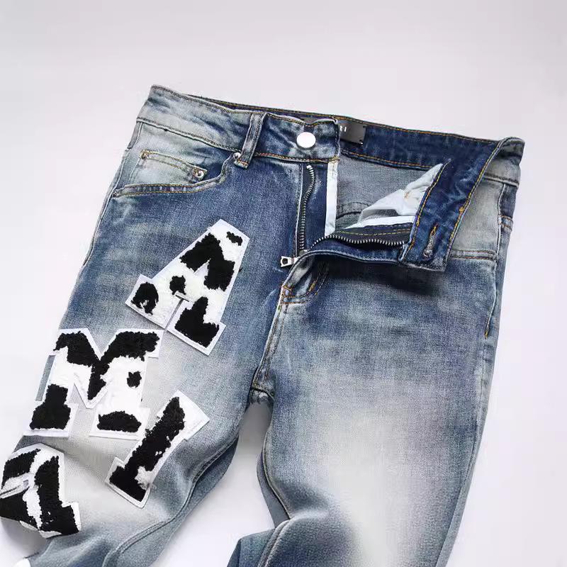 Verwaschene Blaue Distressed Bestickte Herren Skinny Jeans