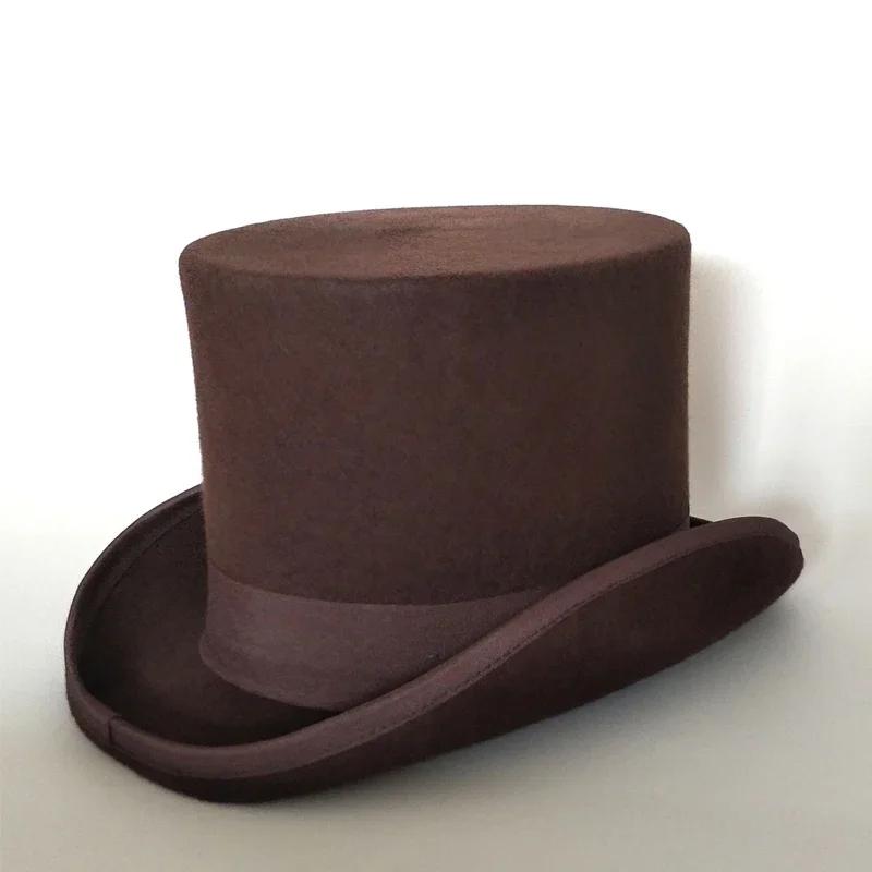 

Wool Flat Man Top Hat Fashion Fedora Hats Versatile Panama Magician Cap Gentleman Cylinder Strap Steampunk Unisex Elegant L (59cm) кавовий