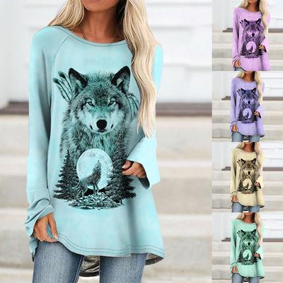 Tricou cu gât rotund pentru femei de vară Tricou cu imprimeu cu lup de animale Moda femei cu mânecă lungă în aer liber Basic Plus Size S-5XL