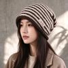 Simple Blue Striped Knitted Cold Hat Women's Autumn and Winter Lazy Feeling Bag Head Hat Warm Wool Stack Hat