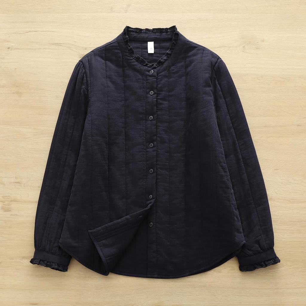 Women's Elegant Quilted Lace Stand Collar Shirt - 2025 Autumn/Winter Cotton Warm Base Layer Top