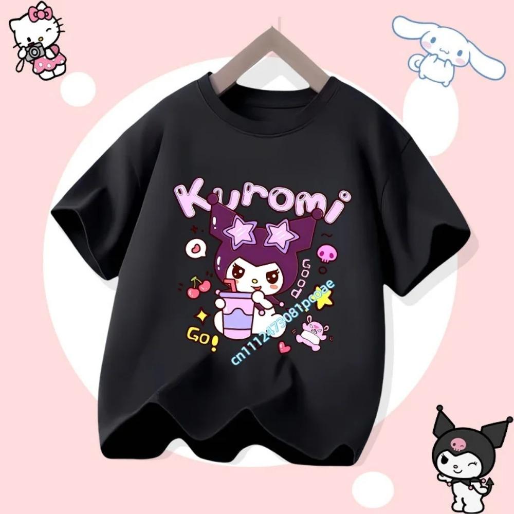 2026 Summer New Soft Cute Kuromi Cartoon Printed Children's T-shirt Loose Casual Round Neck Parent-child Outfit Short Sleeved