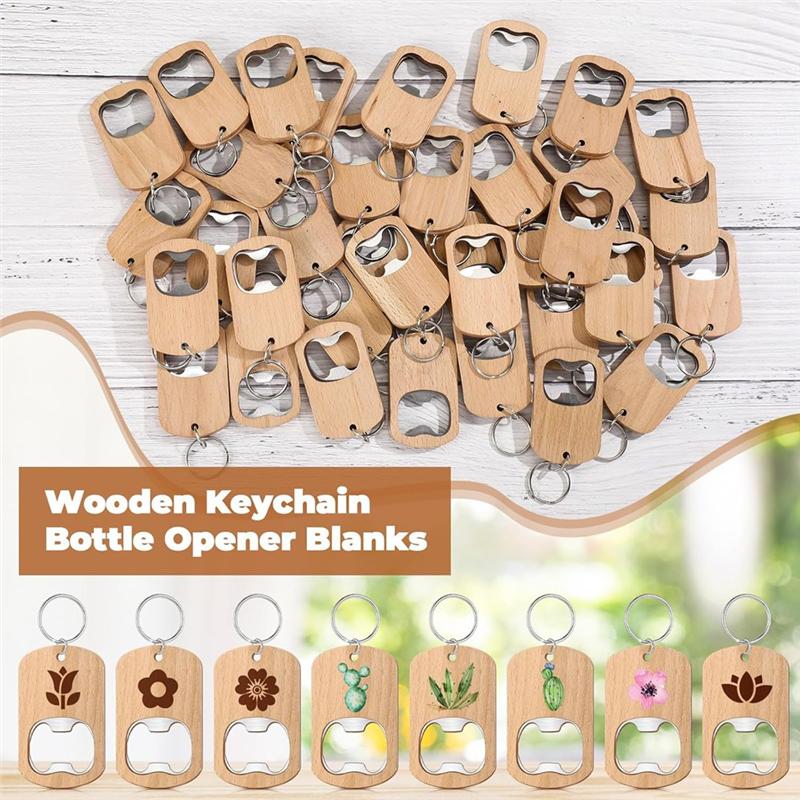 50 Pcs Wood Bottle Opener Wooden Keychain Bottle Opener Blanks Unfinished Keychain Wood Engraving Bulk For Wedding-B61B