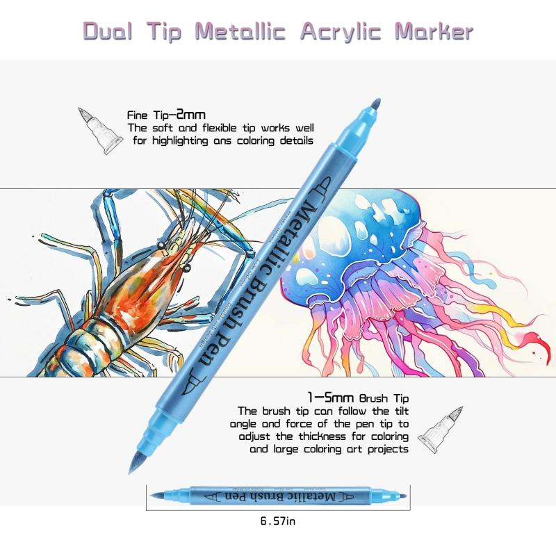 Dual Tip Metallic Colors Acrylic Art Markers Pens Set for Artist Rock Painting,Glass,Ceramic Fabric DIY Card Making Art Supplies