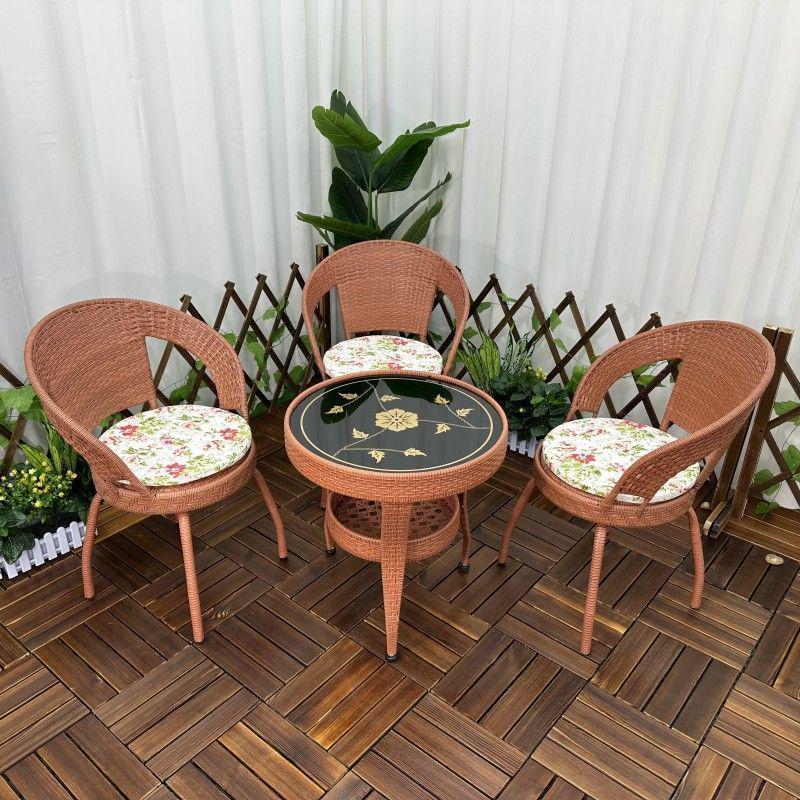 Three-Piece Chinese Style Rattan Table and Chair Set - Indoor Balcony Swivel Chair, Durable Round Five-Piece Swivel Design