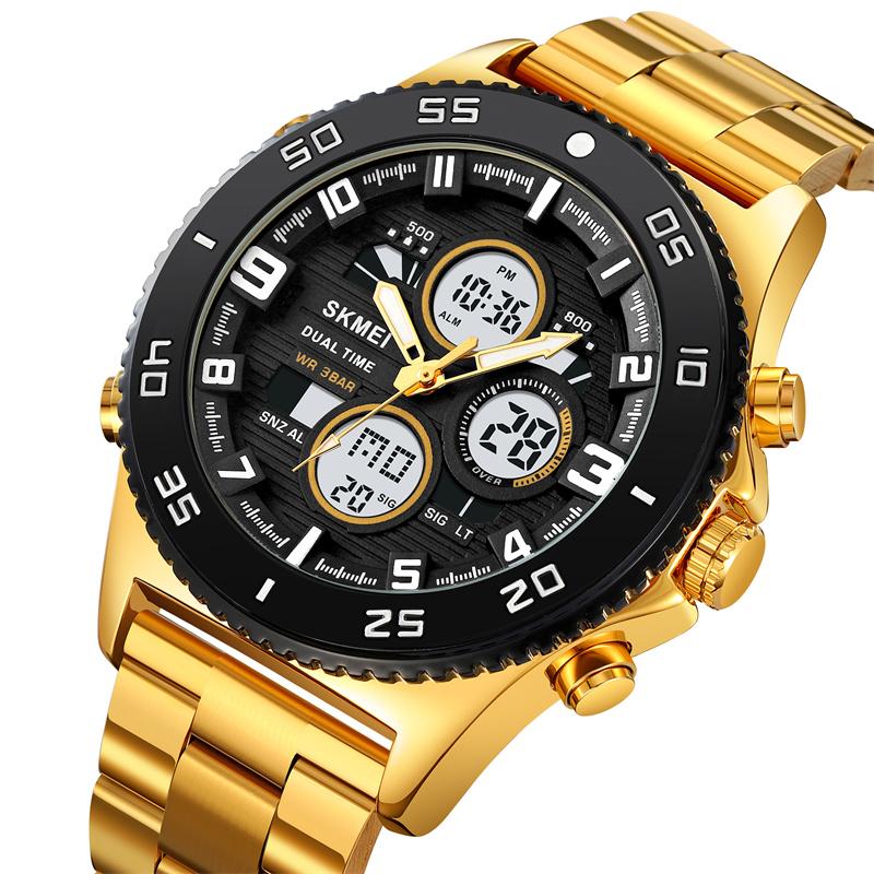 Skmei Mens Quartz Sports Waterproof Watches Luxury Stainless Steel Strap Analog Digital Display Dual Time Zone LED Alarm Clock