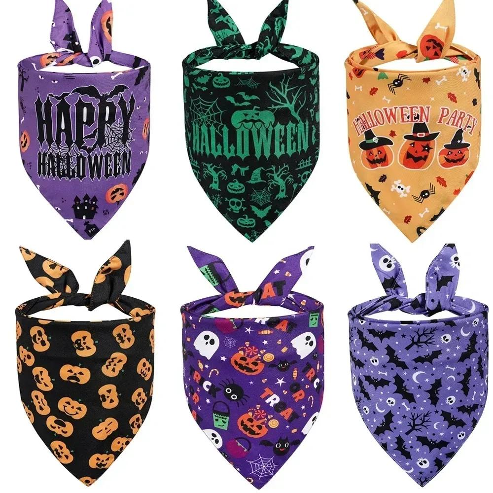 1×Halloween Dog Bandana Pet Triangle Scarf Pumpkin Ghost Pattern Adjustable Dog Bib Costume For Small Medium Dogs Cats Accessory