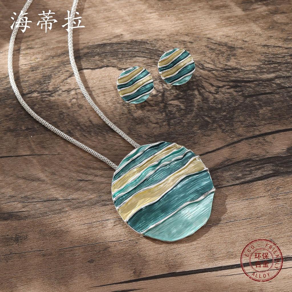 New Color Oil Round Line Wave Earrings Necklace Set Small Fresh Beach Women's Jewelry Set