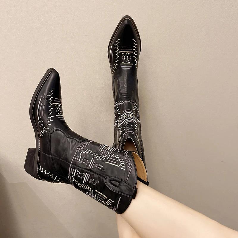 Women's Boots Retro Autumn Winter White Mid Calf Boots  Women Comfy Walking Female Western Cowboy Boot Women's Shoes