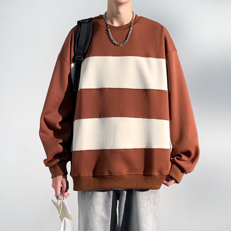 Men's Spring and Autumn New Outdoor Trendy Brand Striped Couple Hong Kong Style Long Sleeve Round Neck T-shirt Pure Cotton Hoodie