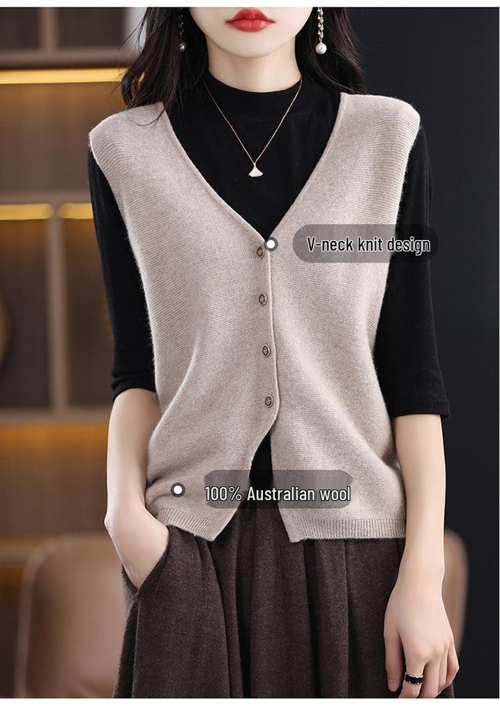 Women's V-Neck Wool Vest, Sleeveless Cardigan Sweater for Spring and Autumn