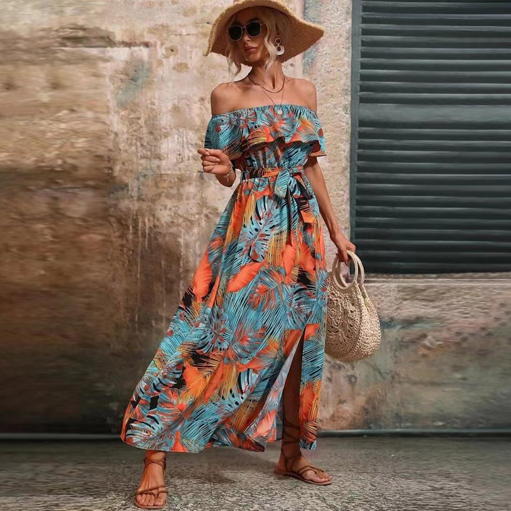 Women's Summer Straight Neck Ruffled Waist Dress