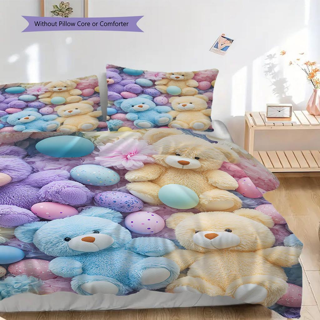 Teddy Bear Pattern Bedding Quilt Set Quilt Cover Pillowcase Home Decoration Birthday Gift (1 * duvet cover + 2 * pillowcase, without core)